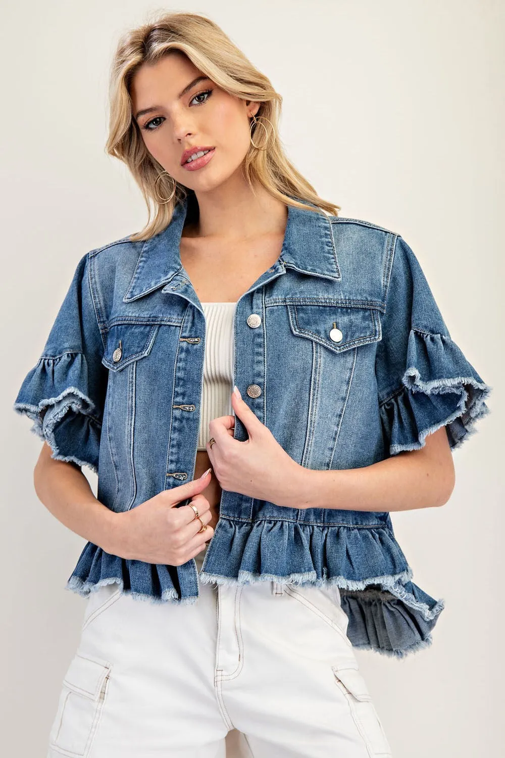 Kia Ruffle Edge Short Sleeve Denim Jacket
