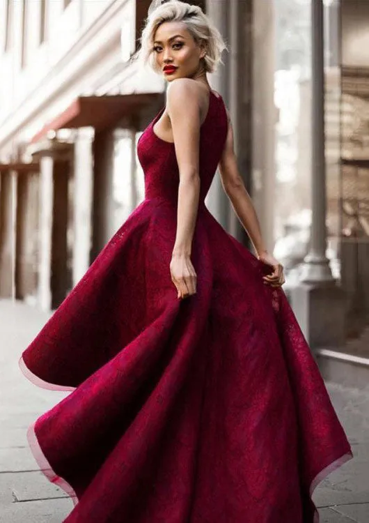 Lace Cocktail Dress A-Line Square Neckline Burgundy High-low Sleeveless
