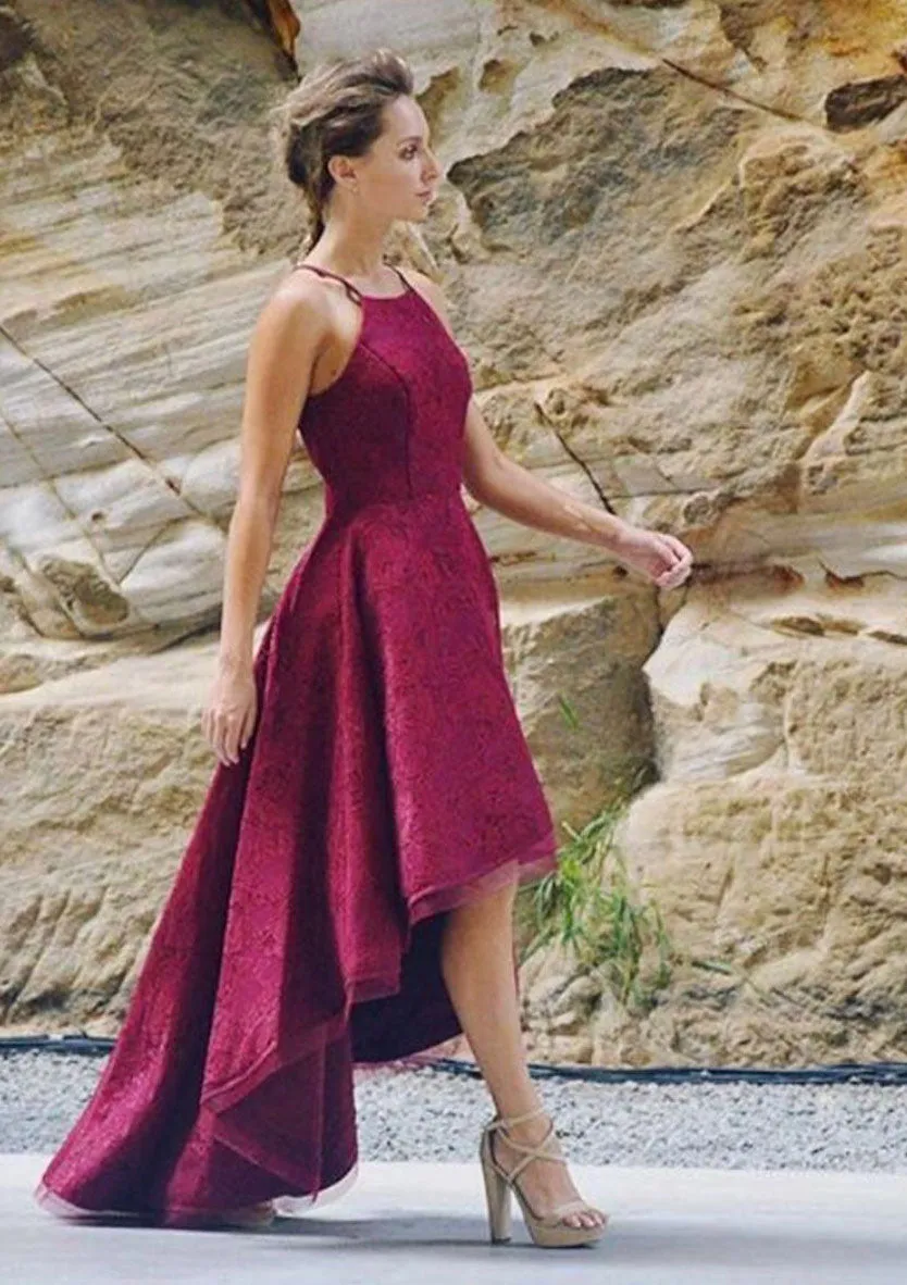 Lace Cocktail Dress A-Line Square Neckline Burgundy High-low Sleeveless