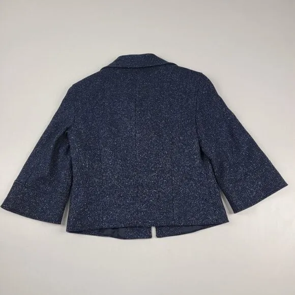 Lafayette 148 Navy Jacket Size 2 Blazer Woven Speckled Collared Hook Closure