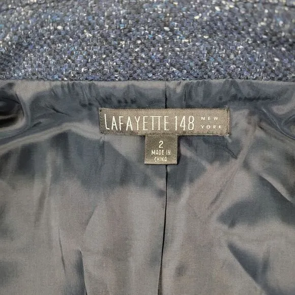 Lafayette 148 Navy Jacket Size 2 Blazer Woven Speckled Collared Hook Closure