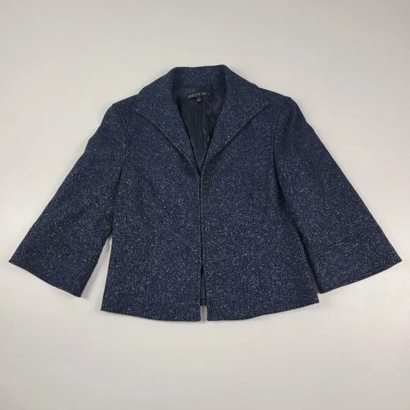 Lafayette 148 Navy Jacket Size 2 Blazer Woven Speckled Collared Hook Closure