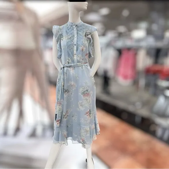 LAUREN RALPH LAUREN LIGHT BLUE FLORAL PINTUCK PLEATED BELTED DRESS SZ 6