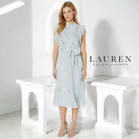 LAUREN RALPH LAUREN LIGHT BLUE FLORAL PINTUCK PLEATED BELTED DRESS SZ 6