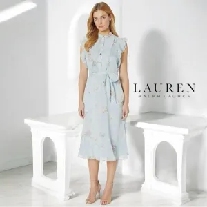 LAUREN RALPH LAUREN LIGHT BLUE FLORAL PINTUCK PLEATED BELTED DRESS SZ 6