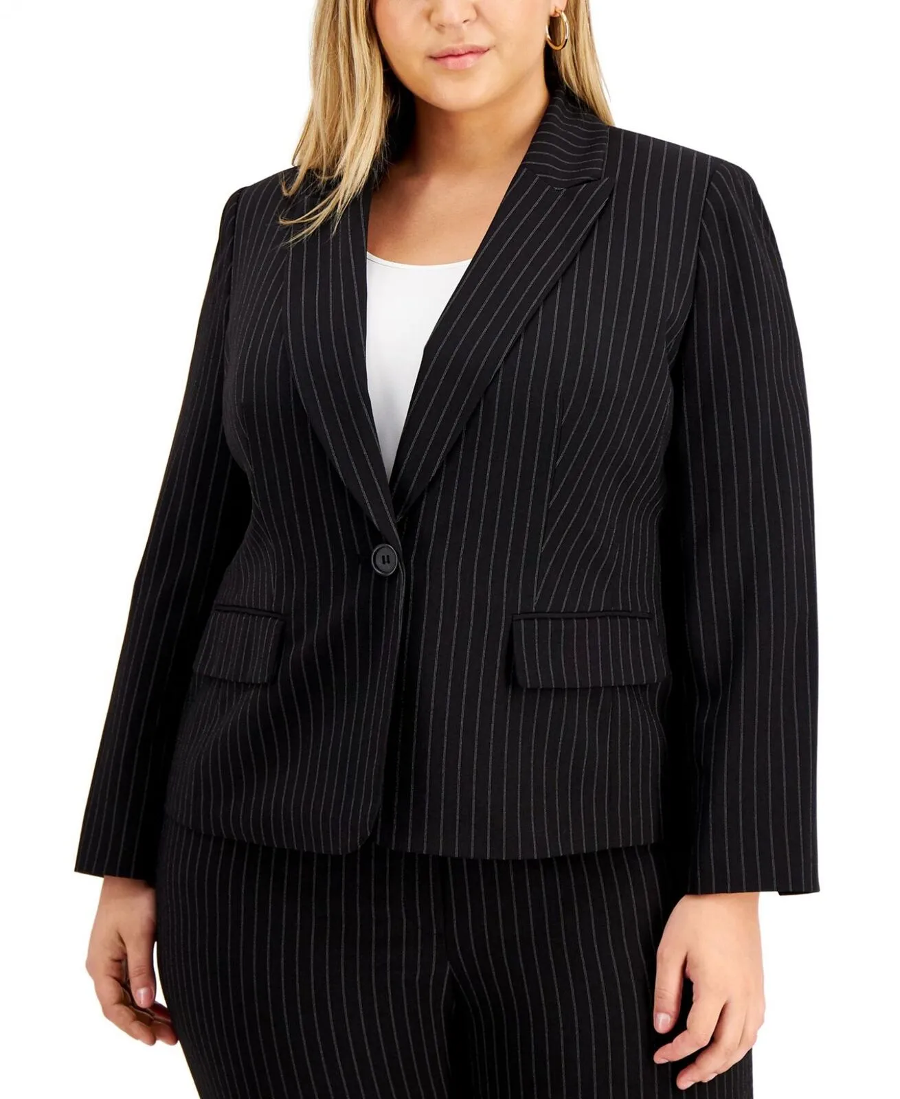 Le Suit Plus Size Pinstriped 1 Button Suit Jacket 50040221 Black / White 22W