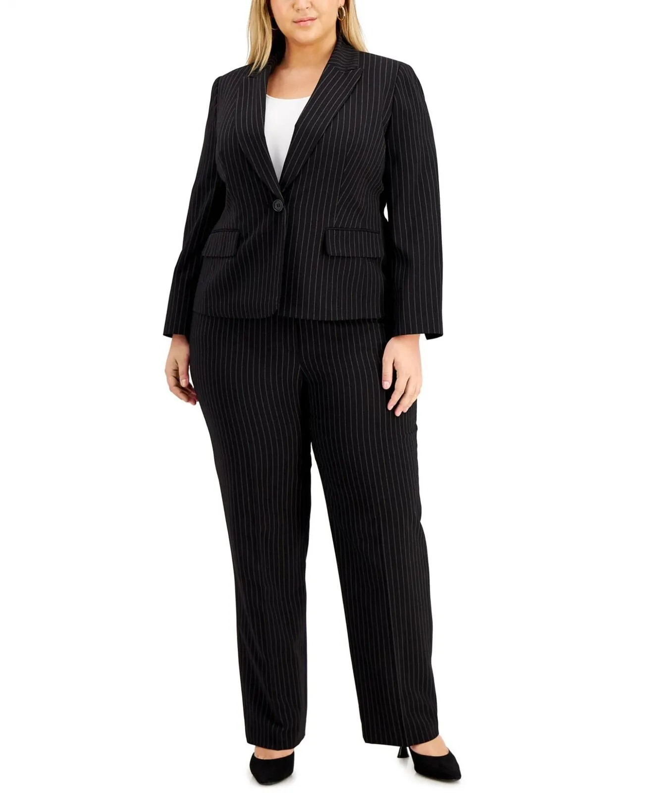 Le Suit Plus Size Pinstriped 1 Button Suit Jacket 50040221 Black / White 22W