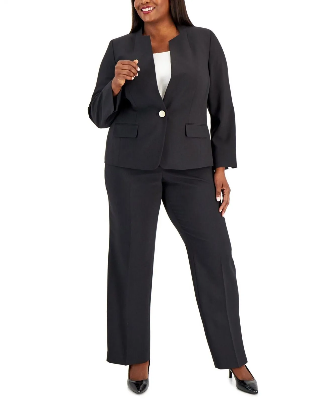 Le Suit Womens Plus Size Single-Button Blazer Slim-Fit Suit Pantsuit Black` 20W