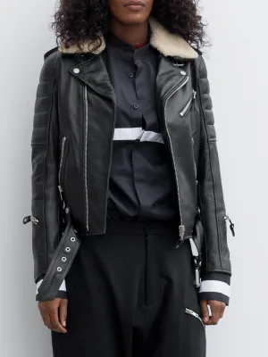 Leather Biker Jacket With Shearling Collar