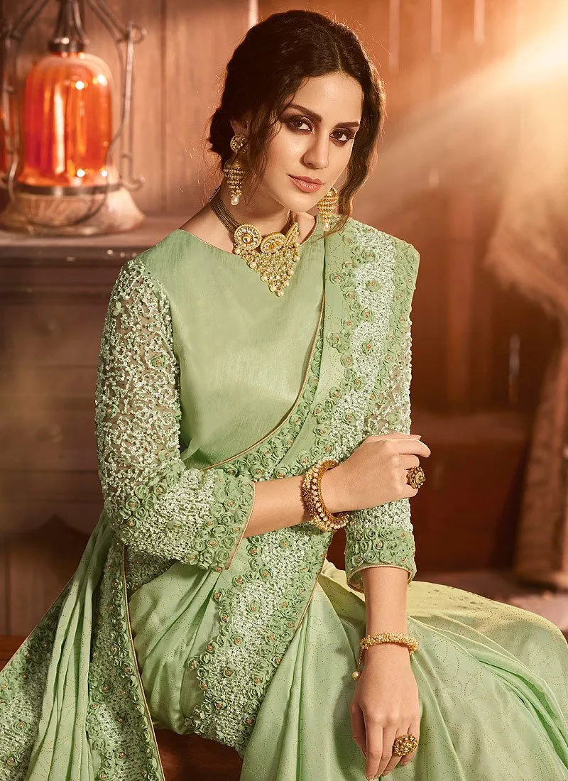 Light Green With Multi Embroidered Pallu Traditional Saree