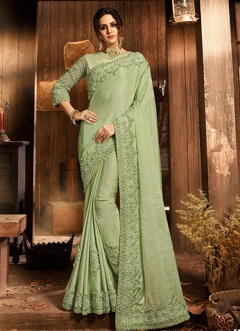 Light Green With Multi Embroidered Pallu Traditional Saree