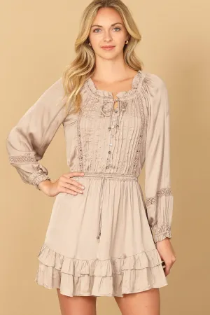 LONG SLEEVE PLEATED FRONT RUFFLE HEM MINI DRESS