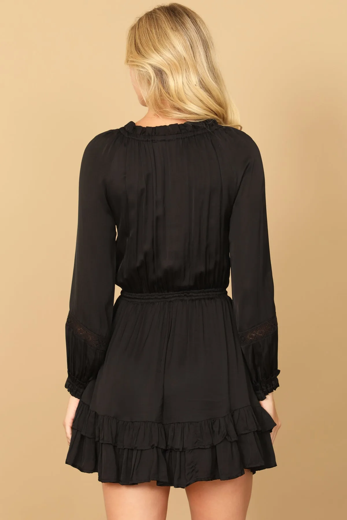 LONG SLEEVE PLEATED FRONT RUFFLE HEM MINI DRESS