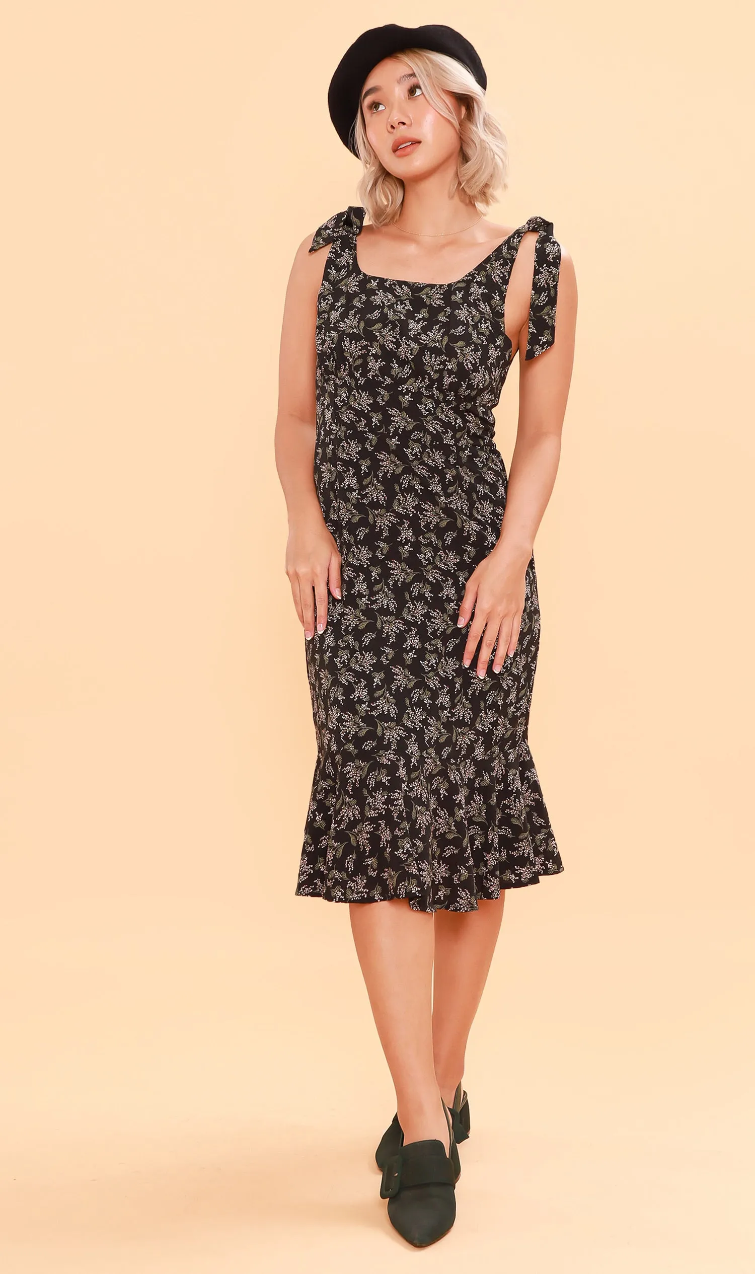 LUCINDA Tie-Strap Mermaid Midi Dress (Black)