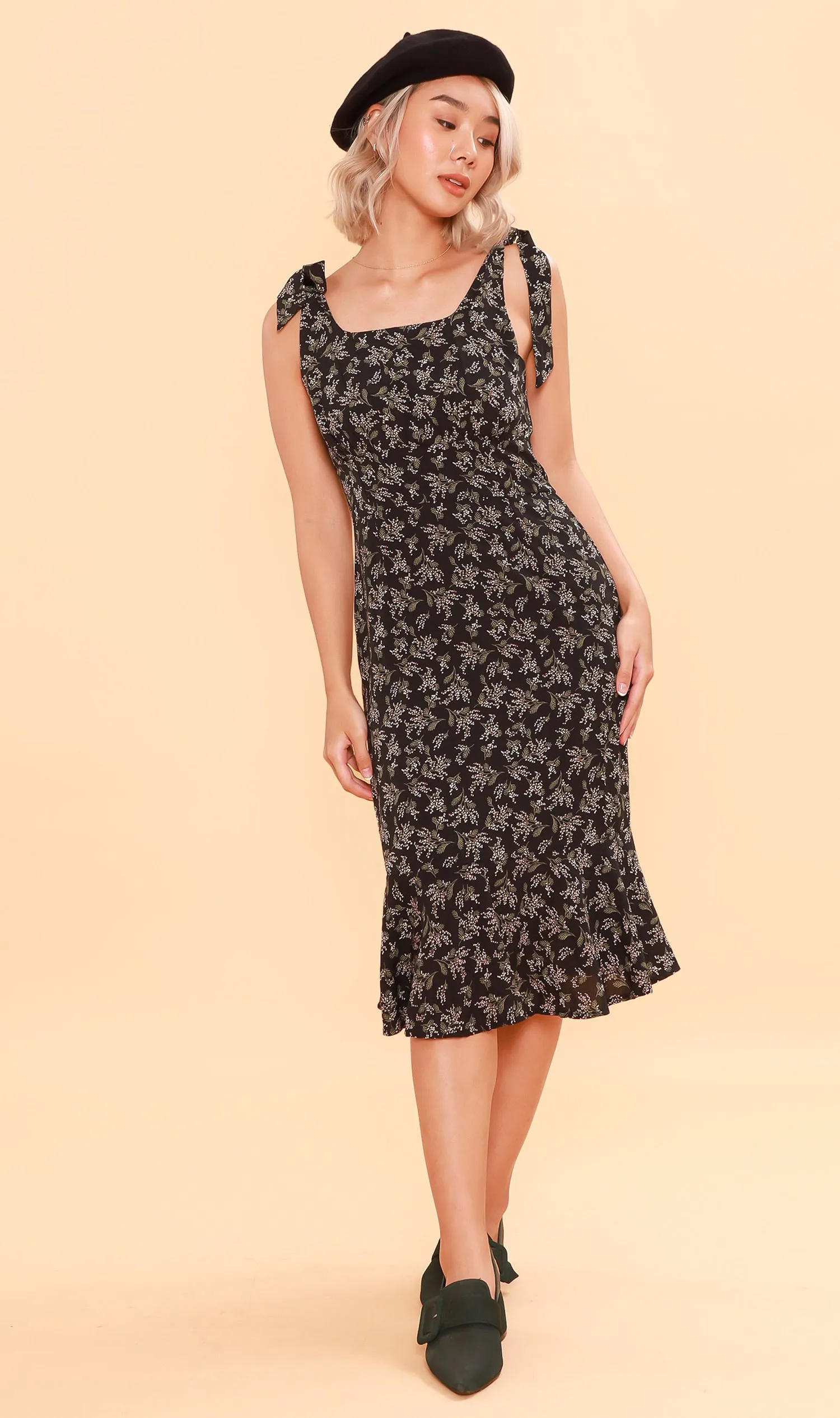 LUCINDA Tie-Strap Mermaid Midi Dress (Black)