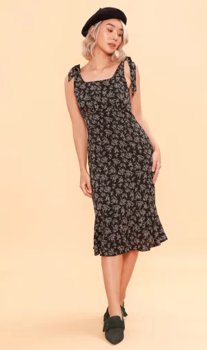 LUCINDA Tie-Strap Mermaid Midi Dress (Black)