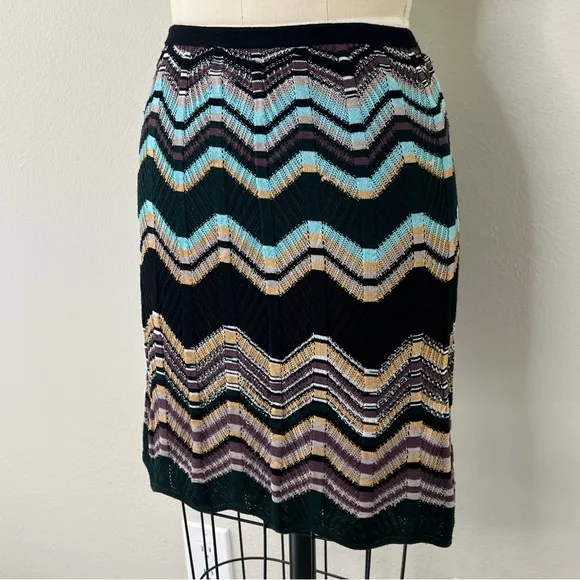 M Missoni Black Zig Zag Black Green Knit Pencil Skirt, 42