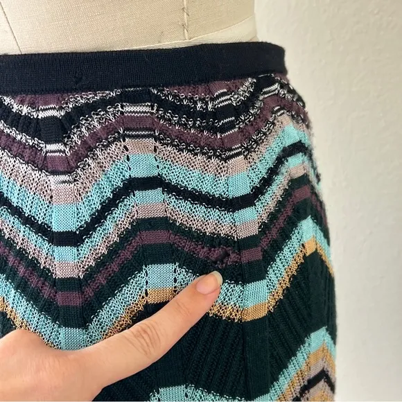 M Missoni Black Zig Zag Black Green Knit Pencil Skirt, 42