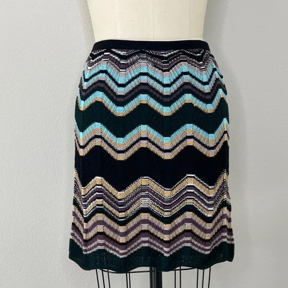 M Missoni Black Zig Zag Black Green Knit Pencil Skirt, 42