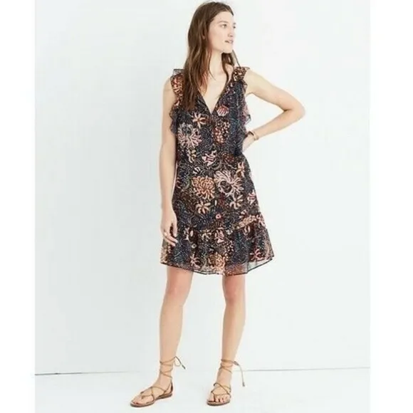 Madewell Lily Ruffle Dress in Sea Floral Multi Color Small