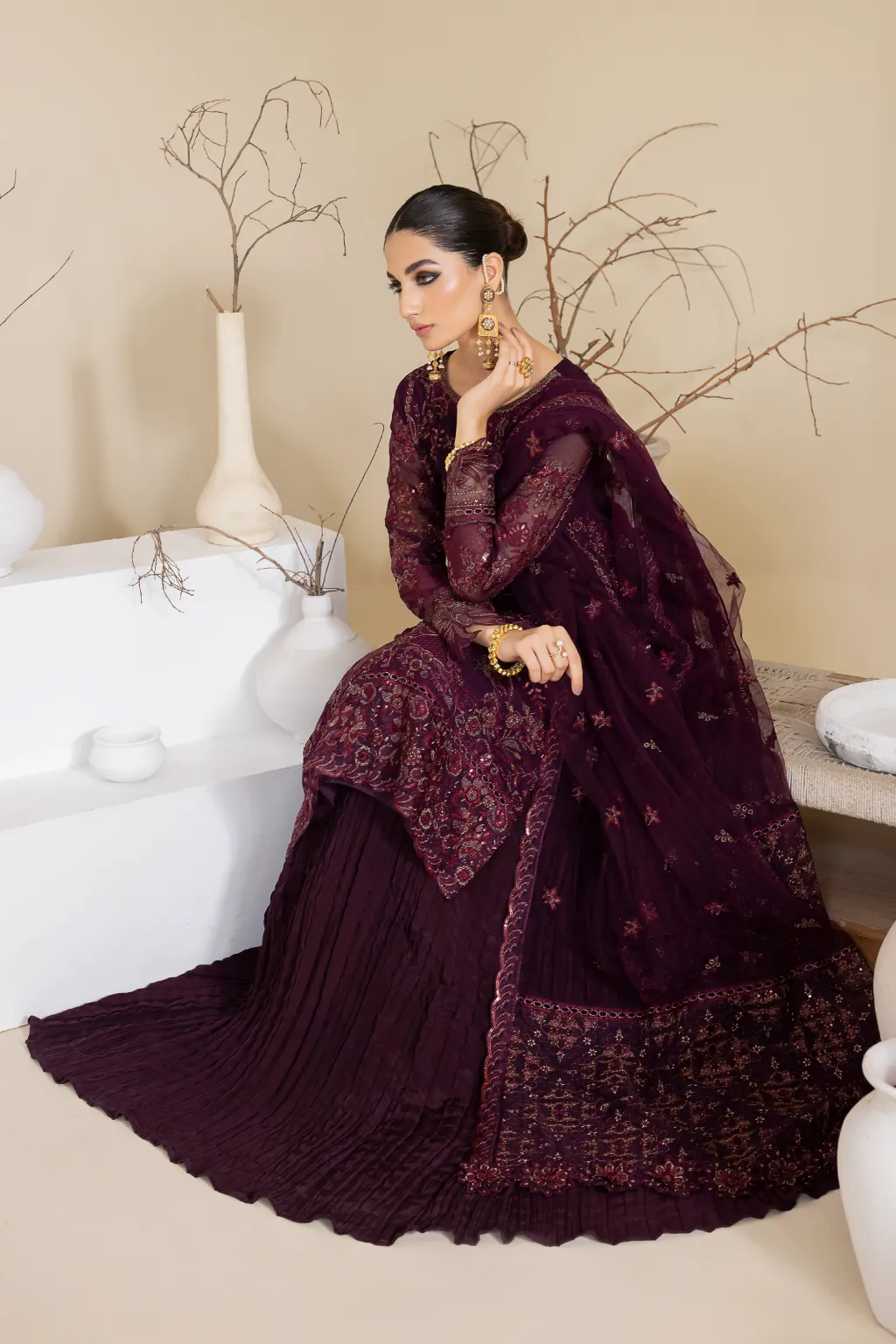Magenta Embroidered Pakistani Salwar Suit Party Wear Sharara Style