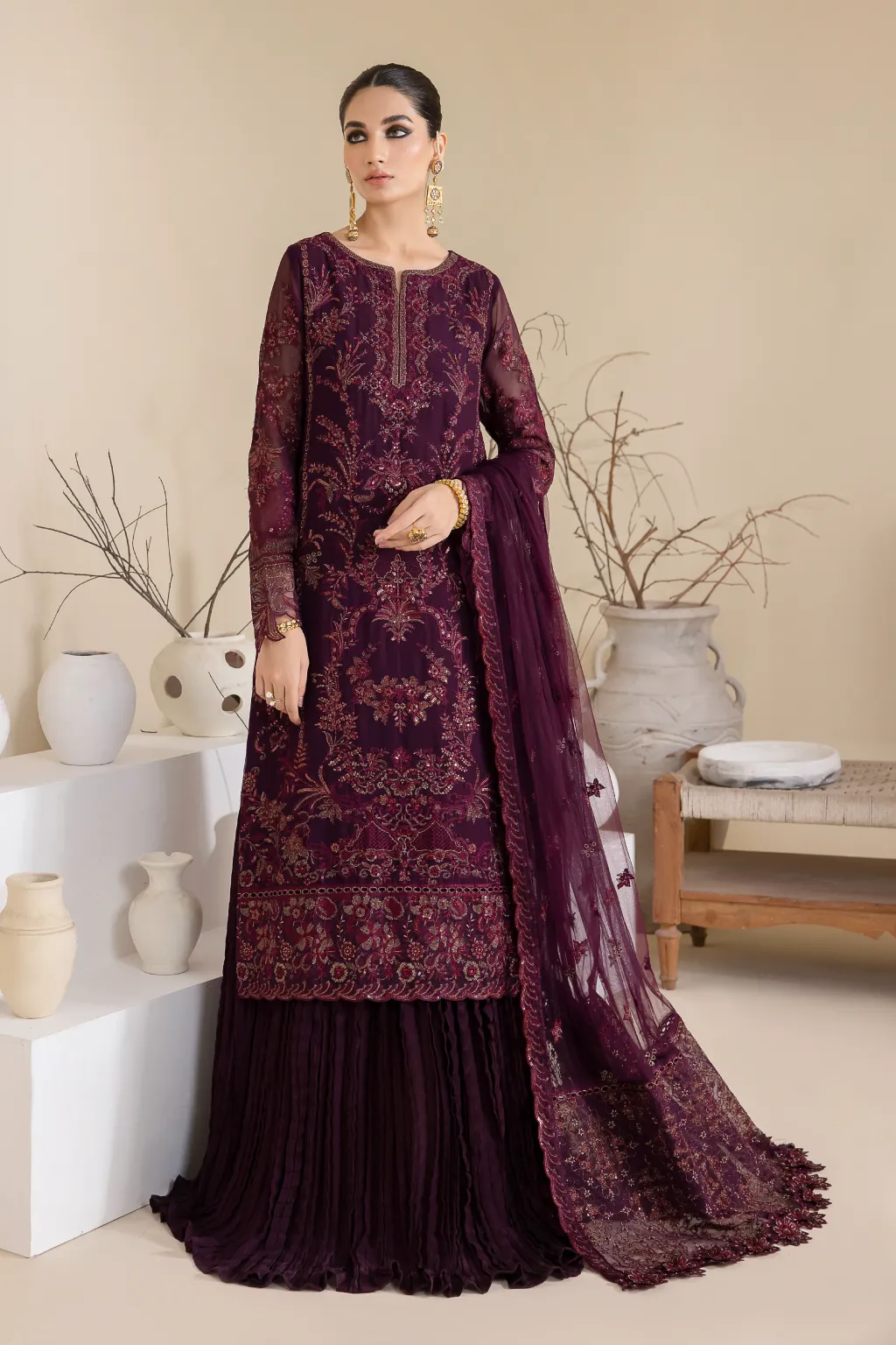 Magenta Embroidered Pakistani Salwar Suit Party Wear Sharara Style