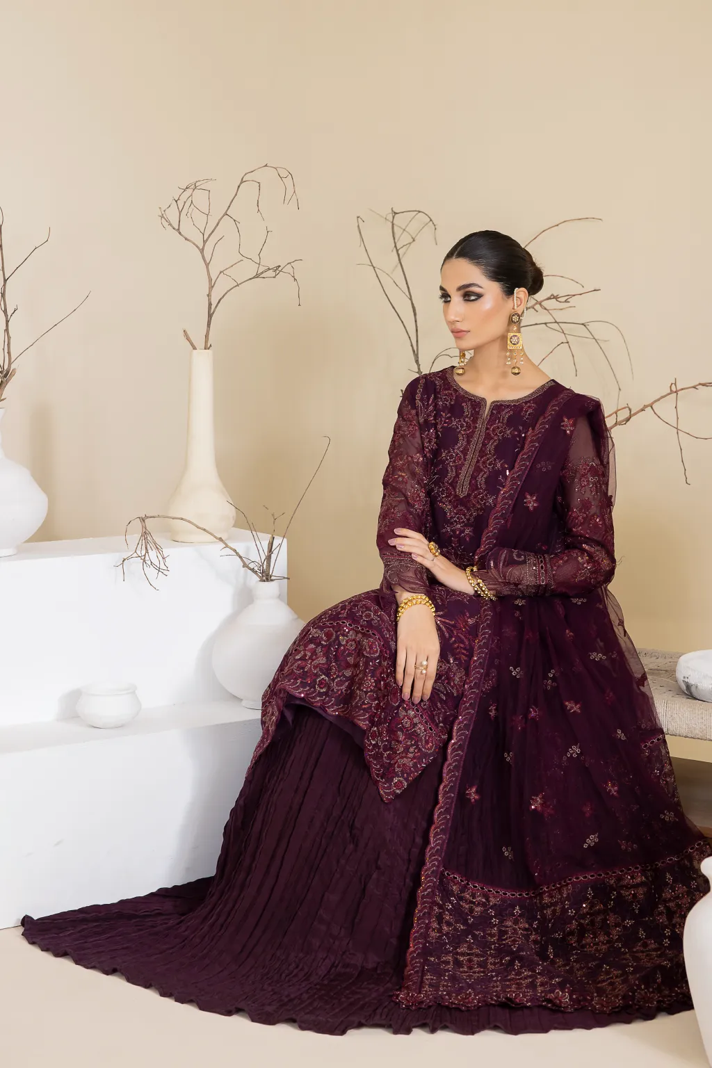 Magenta Embroidered Pakistani Salwar Suit Party Wear Sharara Style