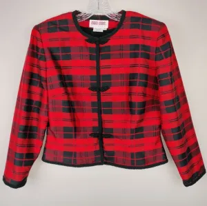 Maggy London Vintage 100% Silk Red Plaid Jacket w/ Shoulder Pads Sz. 6