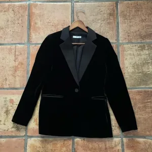 MANGO Size US X-Small Black Velour Velvet Suit Jacket