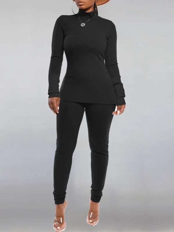 mangocouture  Solid Turtleneck Top & Pants Set