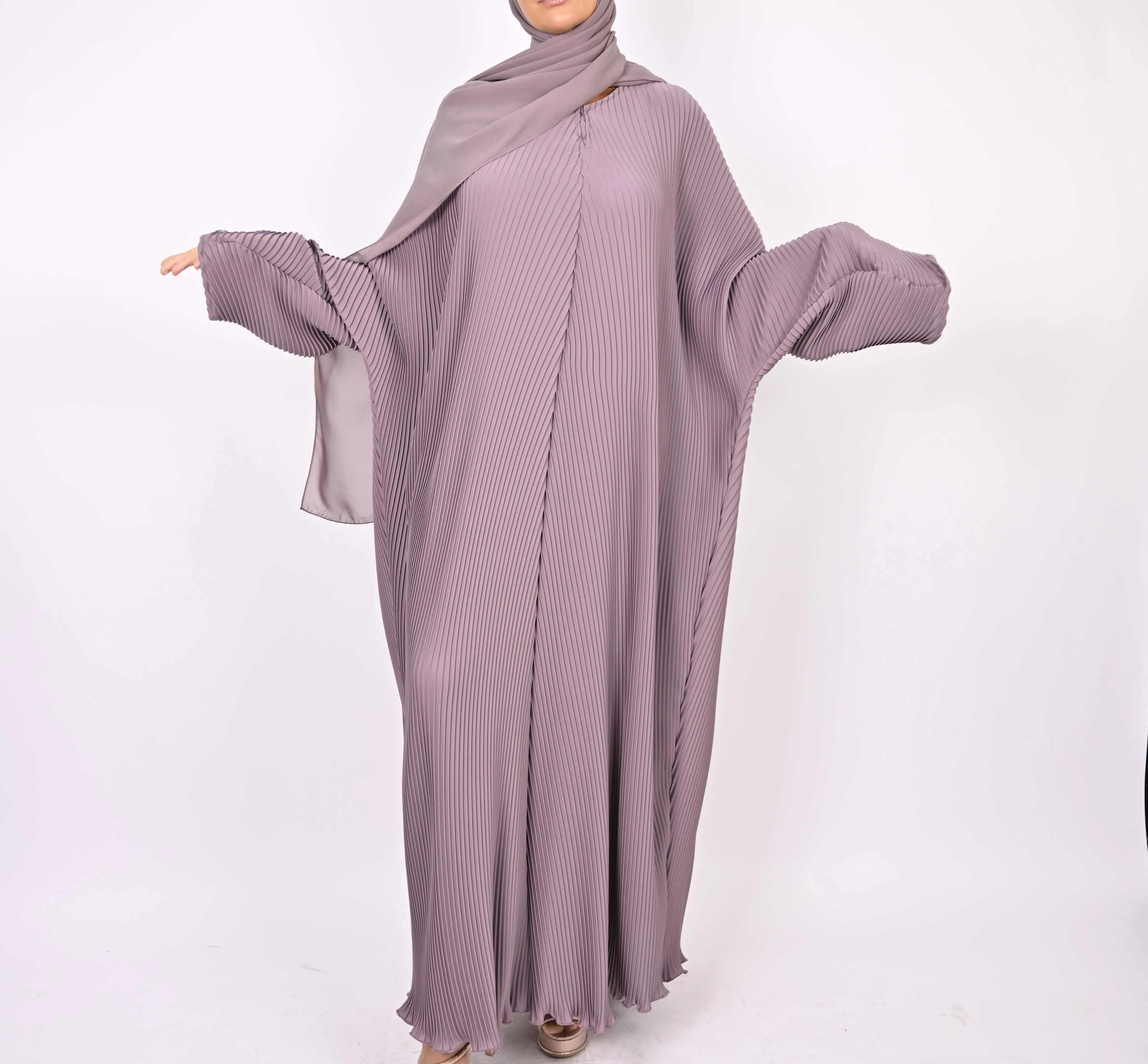 Mauve - Pleated Batwing Abaya