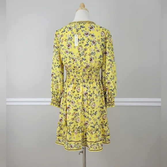Max Studio Floral Print Smocked Waist 3/4 Sleeves Mini Dress Size L