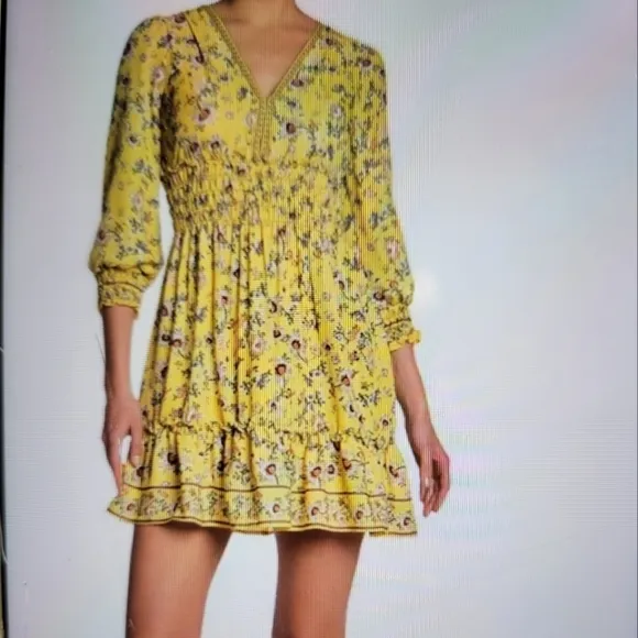 Max Studio Floral Print Smocked Waist 3/4 Sleeves Mini Dress Size L