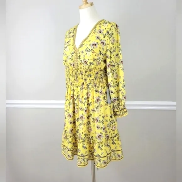 Max Studio Floral Print Smocked Waist 3/4 Sleeves Mini Dress Size L