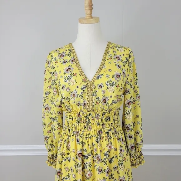 Max Studio Floral Print Smocked Waist 3/4 Sleeves Mini Dress Size L