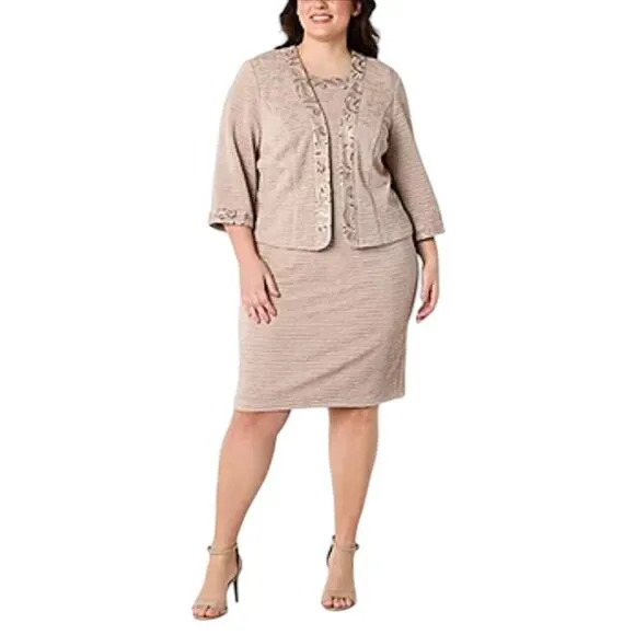 MAYA BROOKE Women 2 Piece Jacket Dress Set 14W Tan Embroidered Sequin Coquette