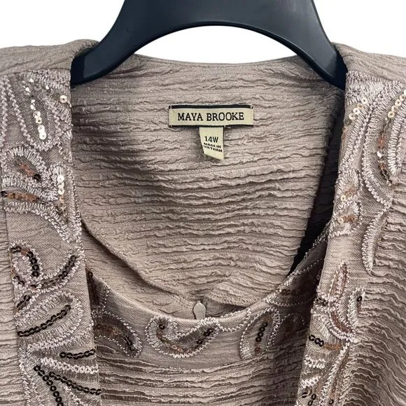 MAYA BROOKE Women 2 Piece Jacket Dress Set 14W Tan Embroidered Sequin Coquette