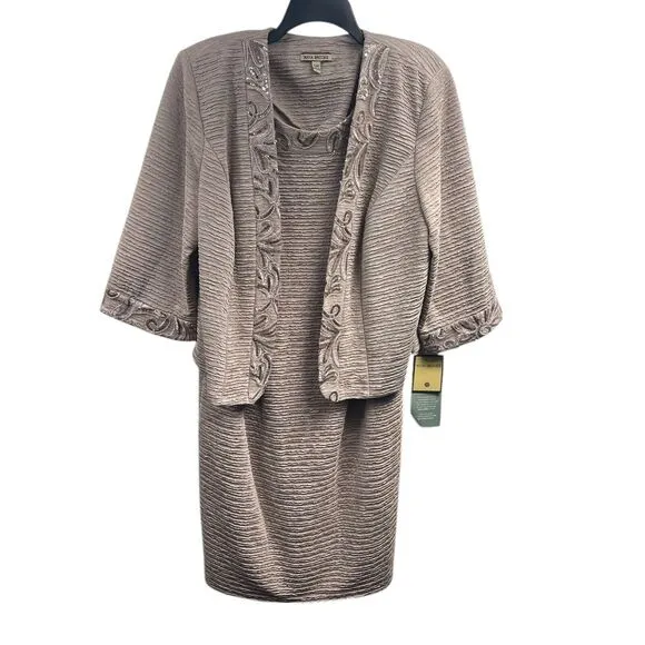 MAYA BROOKE Women 2 Piece Jacket Dress Set 14W Tan Embroidered Sequin Coquette