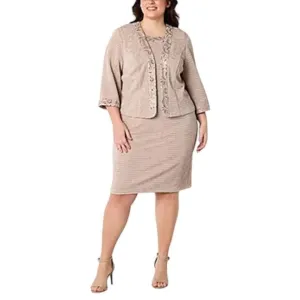 MAYA BROOKE Women 2 Piece Jacket Dress Set 14W Tan Embroidered Sequin Coquette