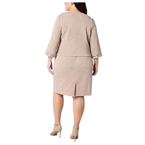 MAYA BROOKE Women 2 Piece Jacket Dress Set 14W Tan Embroidered Sequin Coquette