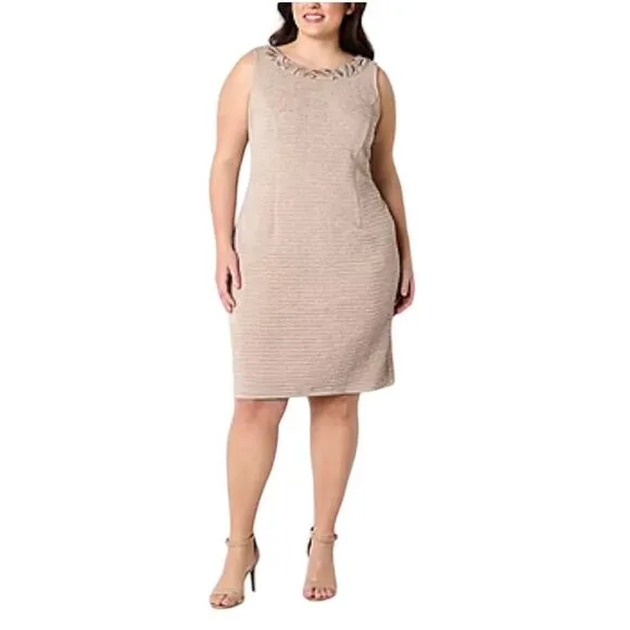 MAYA BROOKE Women 2 Piece Jacket Dress Set 14W Tan Embroidered Sequin Coquette