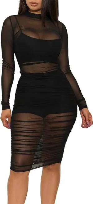 Mesh Long Sleeve Bodycon 3 Piece Outfits with Cami Shorts