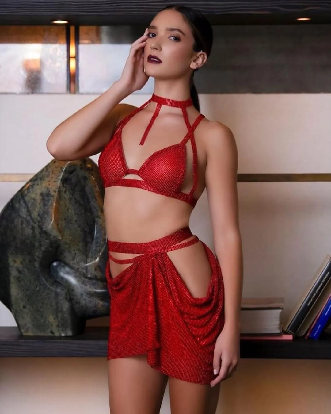 Metallic Crystal Encrusted Asymmetrical Red Chainmail Two Piece Look
