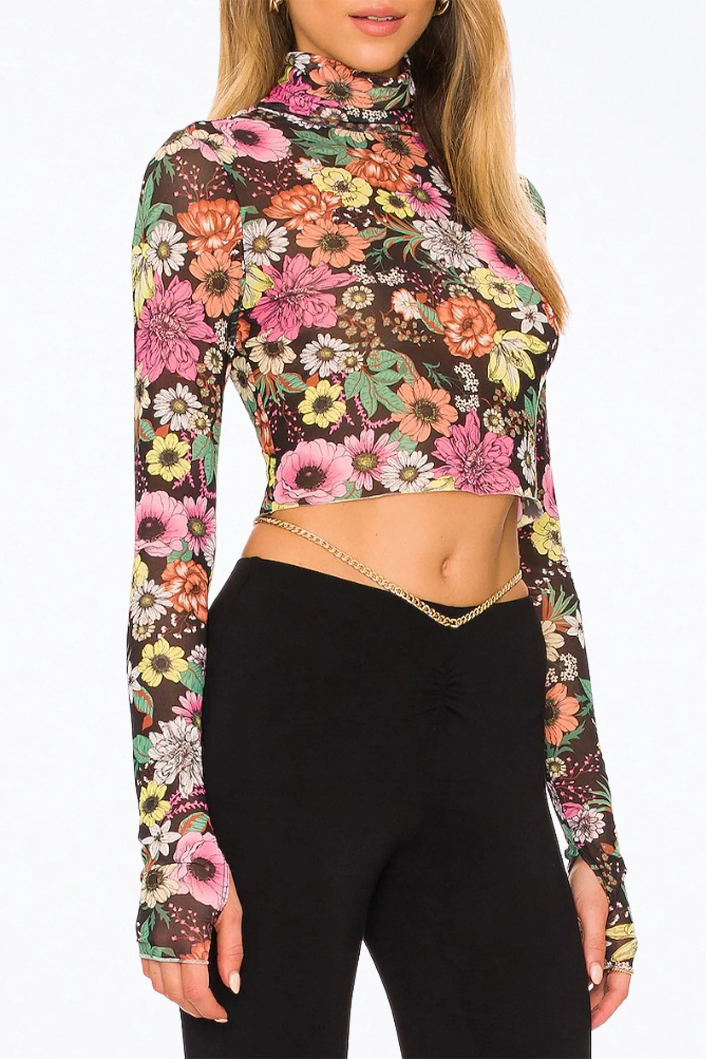 MICAELA CROPPED POWER MESH TURTLENECK TOP