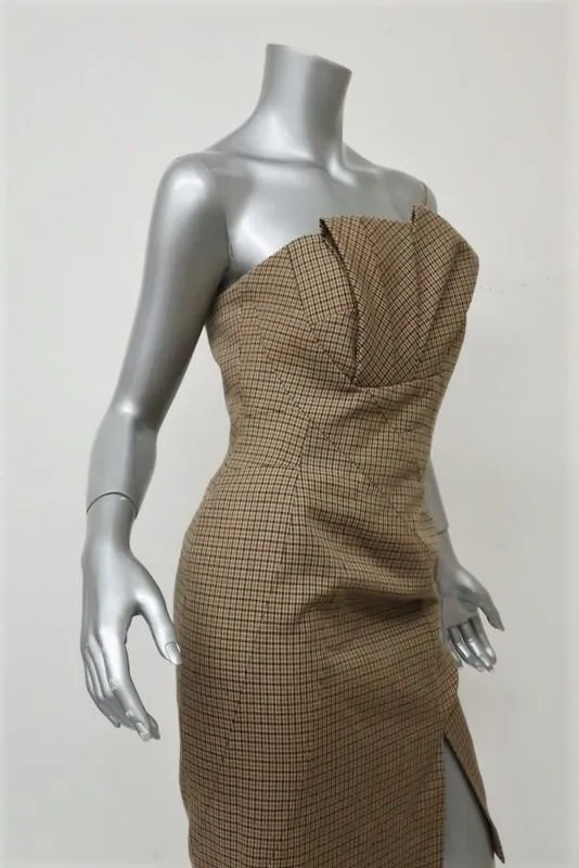 Michael Kors Strapless Dress Brown/Green Pleated Houndstooth Tweed Size 4