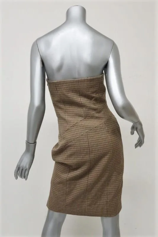 Michael Kors Strapless Dress Brown/Green Pleated Houndstooth Tweed Size 4