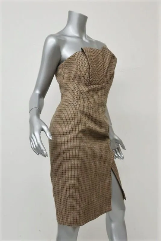 Michael Kors Strapless Dress Brown/Green Pleated Houndstooth Tweed Size 4