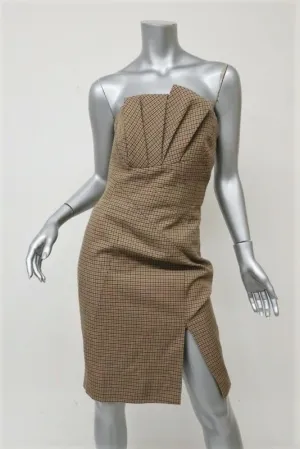 Michael Kors Strapless Dress Brown/Green Pleated Houndstooth Tweed Size 4