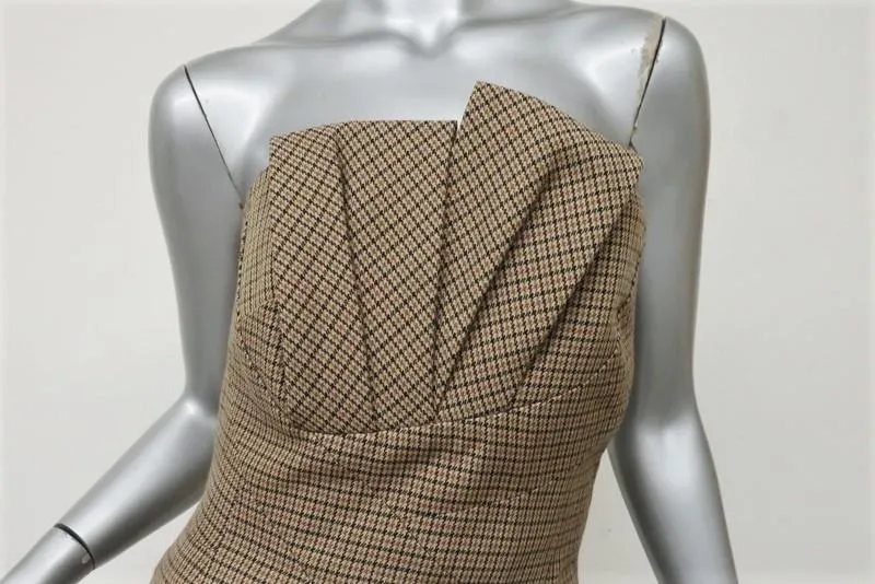 Michael Kors Strapless Dress Brown/Green Pleated Houndstooth Tweed Size 4