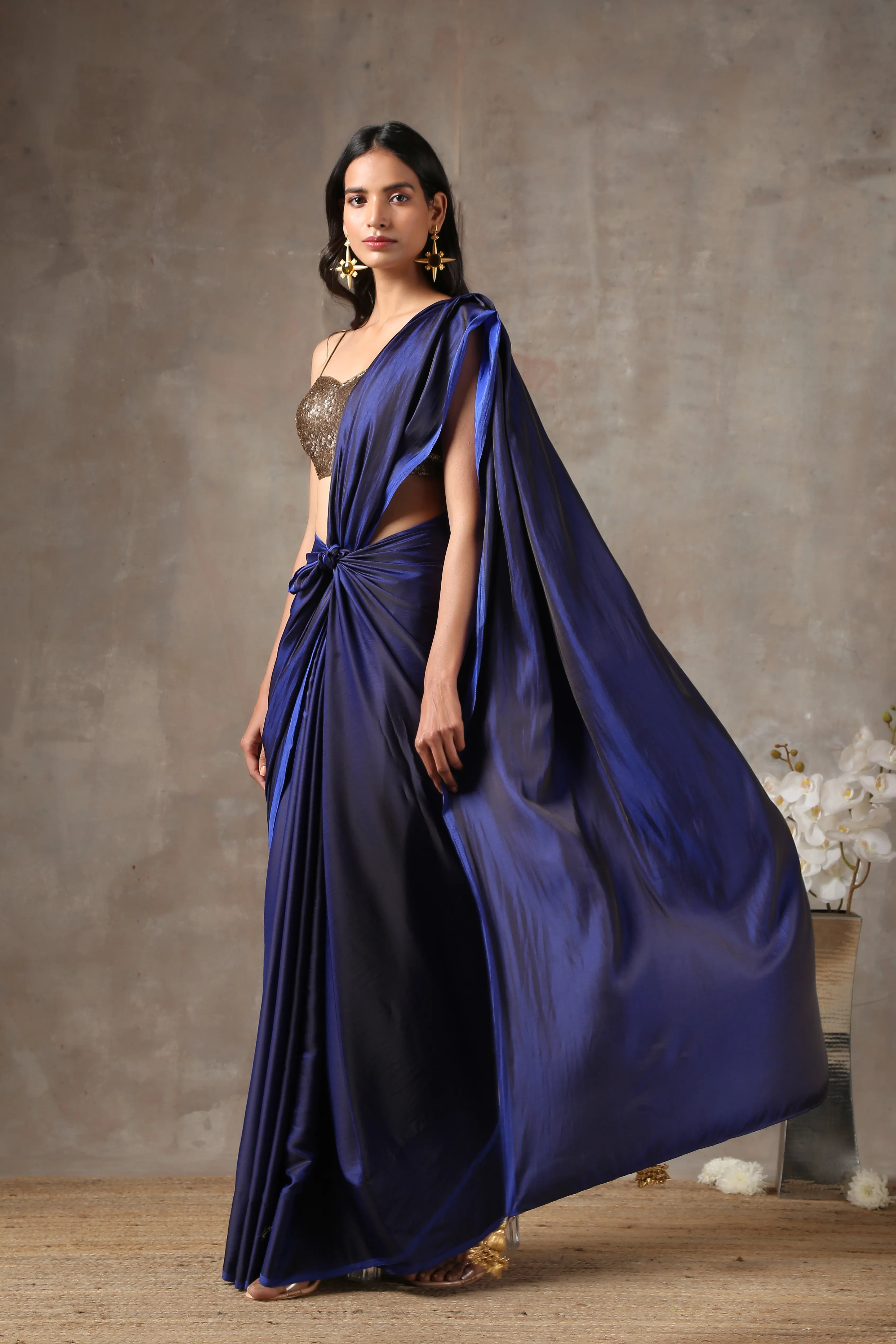 Midnight Blue Satin Saree